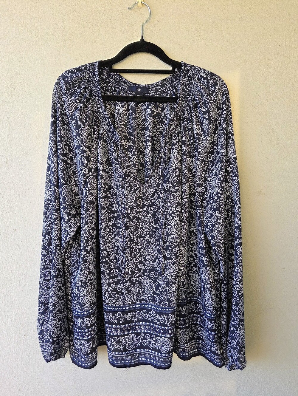 GAP Tie-Detail Tunic Top Sz XXL Boho Navy Blue White Floral Bandana Print